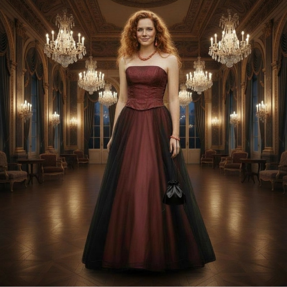 Elegant Strapless Burgundy/Coral and Black Evening Gown Ball Weddind ALine Dress